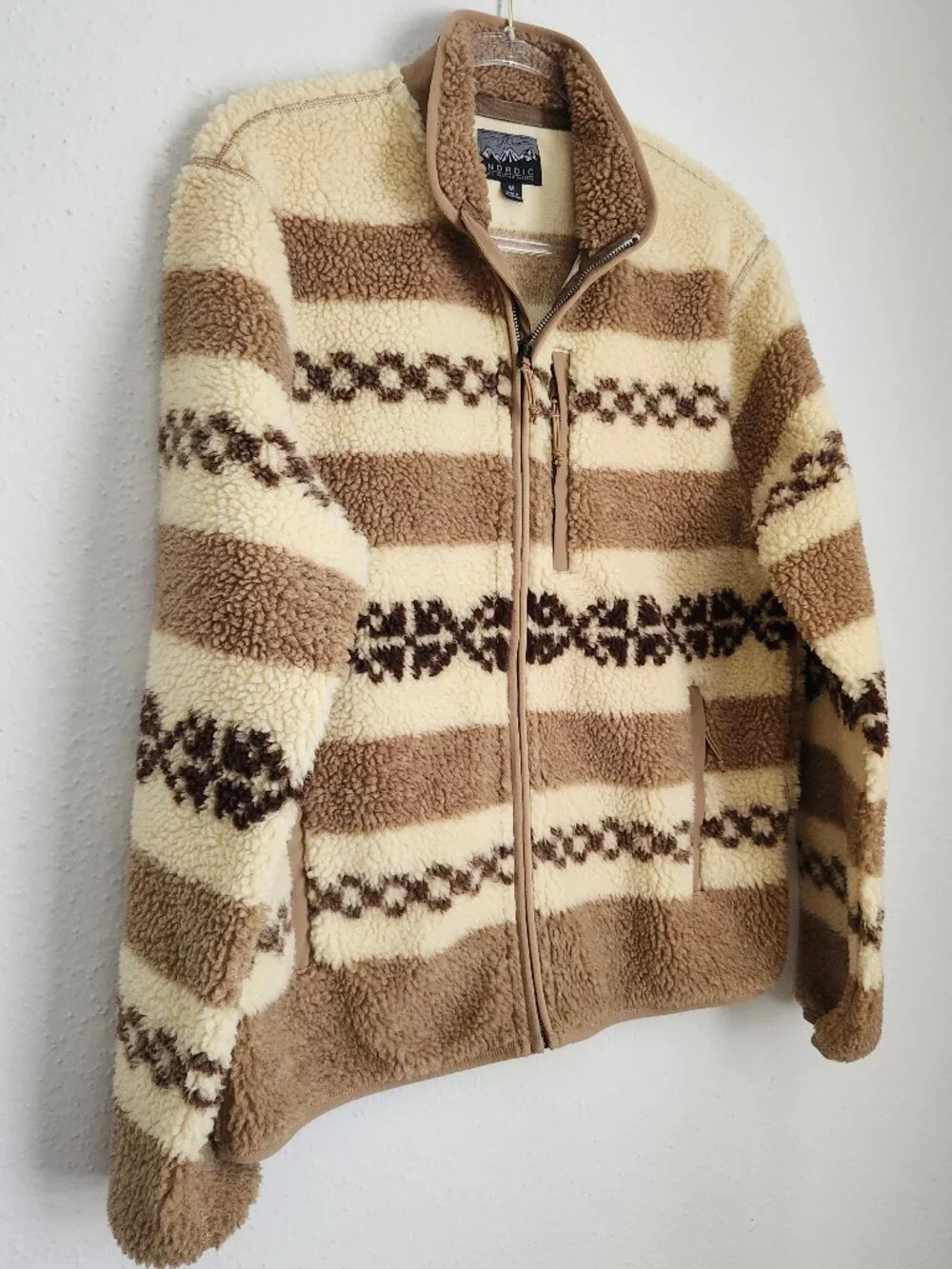 J.CREW Nordic Fair-Isle Sherpa Fleece Full-Zip Brown/Cream Striped Jacket M